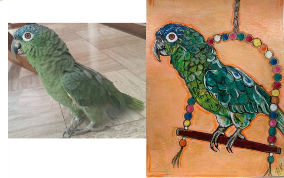 Beto, Angie's parrot side by side. Photograph with painting