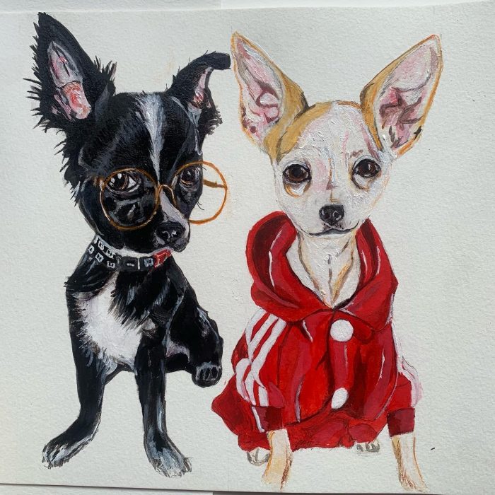 Two chihuahua dogs dressed up. Painted in acrylic on card