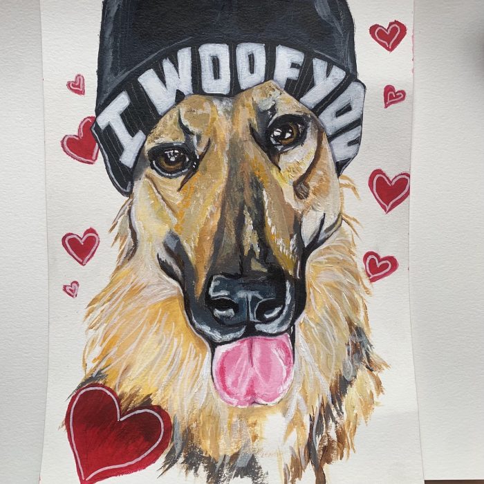 Painting of German shepherd with hearts for Valentines Day